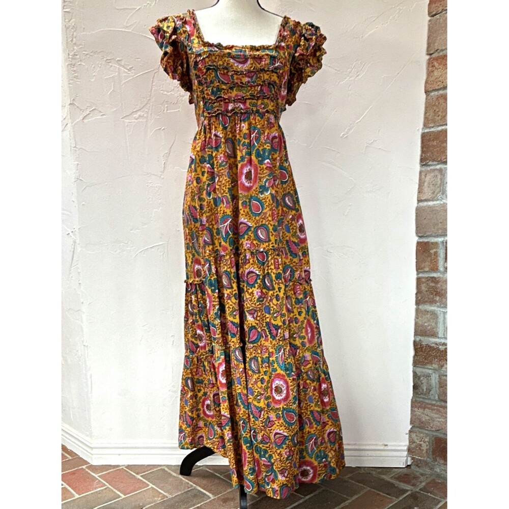 House of Harlow Maxi Dress Mustard Paisley Cotton Square Neck Cutout Pockets S